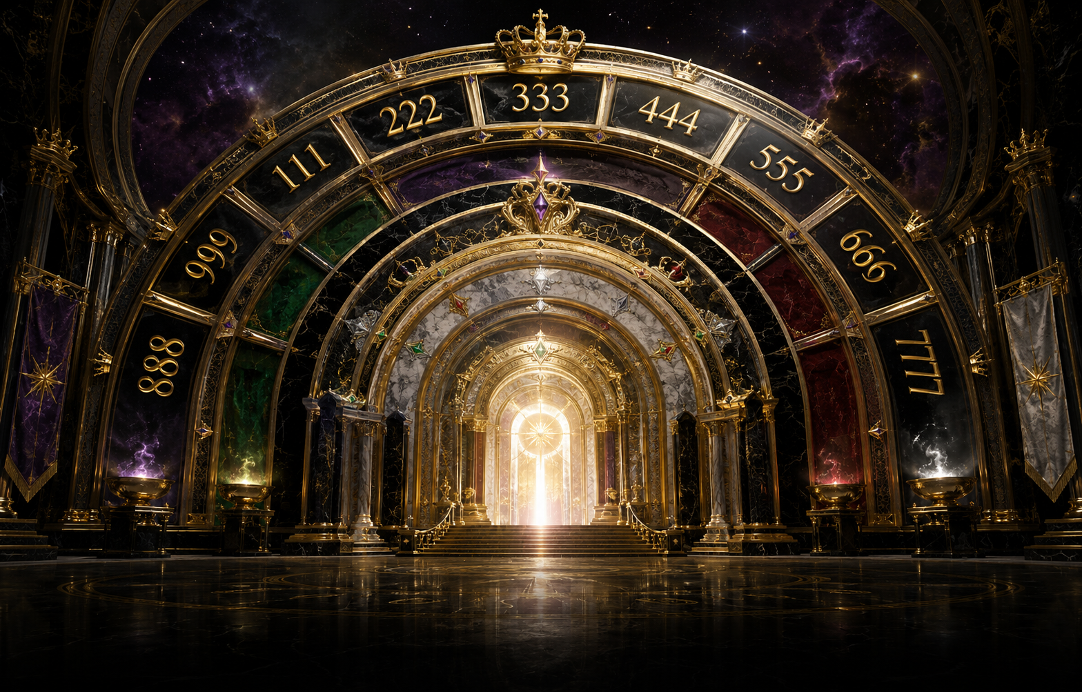 A crowned celestial portal displaying angel numbers 111 through 999 in the Ms. Portia Hunter royal color palette